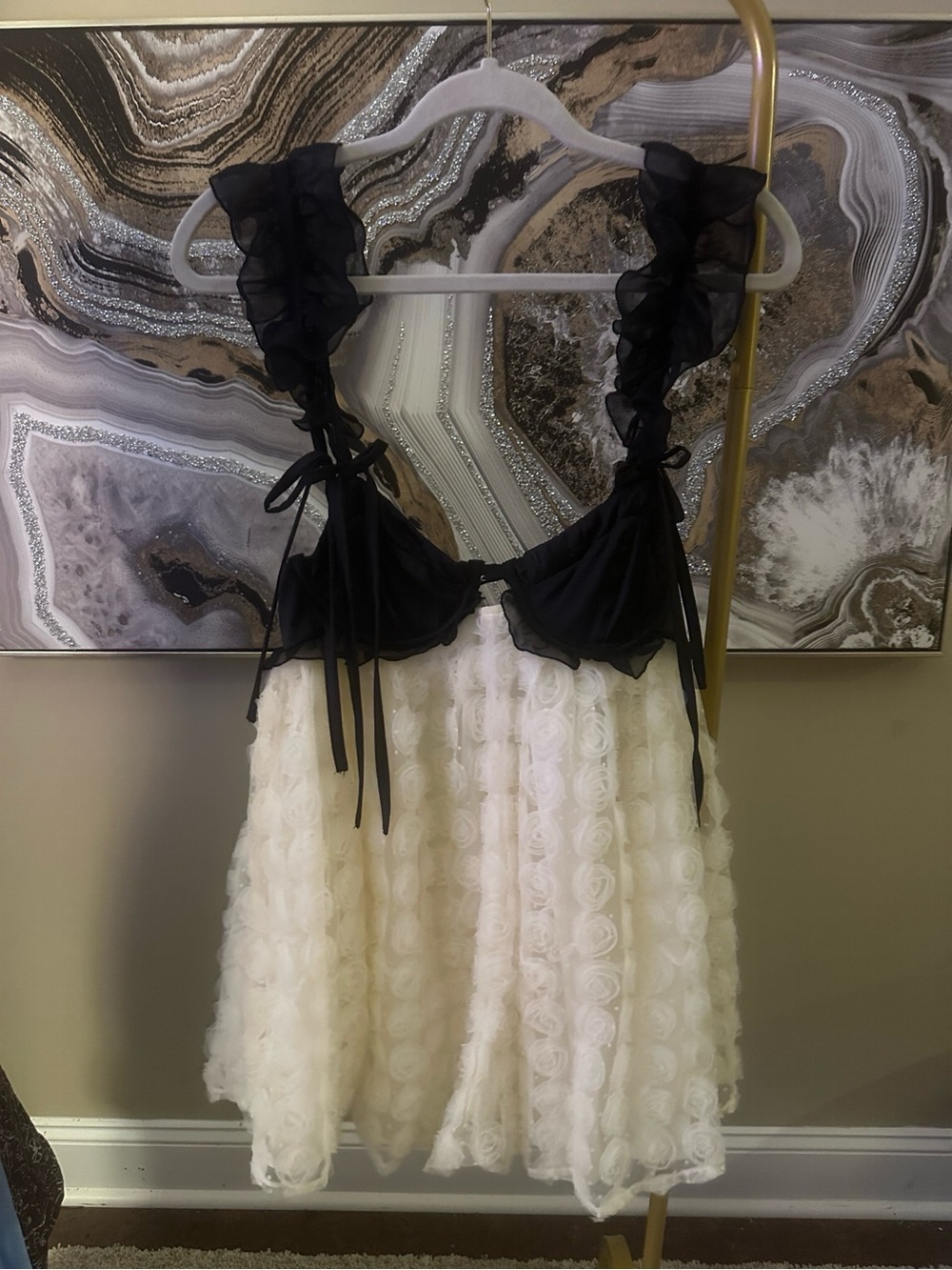 Black & Ivory Ruffle Strap Babydoll Dress - Picture 2 of 4